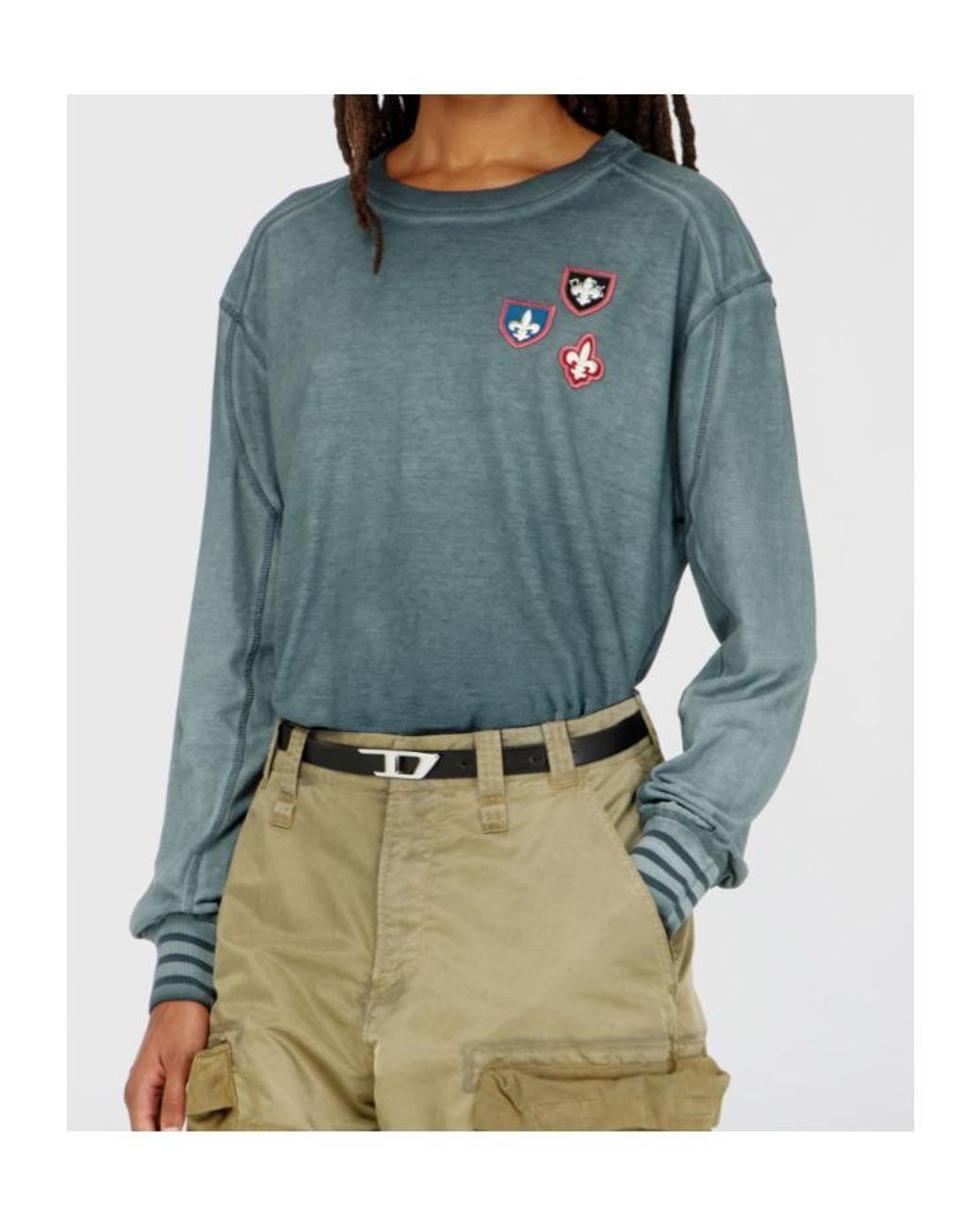 DIESEL Blue T-Shirt With Patches And Microwaffle Inserts