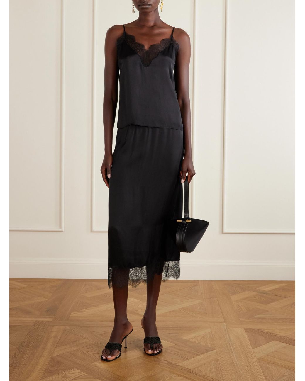 Anine Bing Black Lace-Trimmed Silk-Blend Satin Top