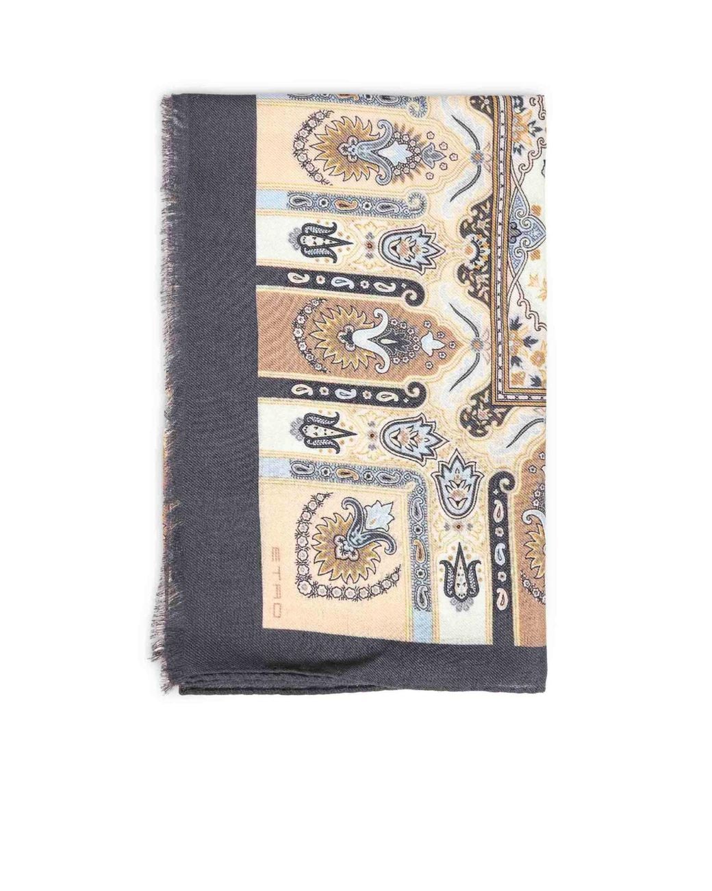 Etro Natural Wool And Silk Scarf With Paisley Motif And Floral Details