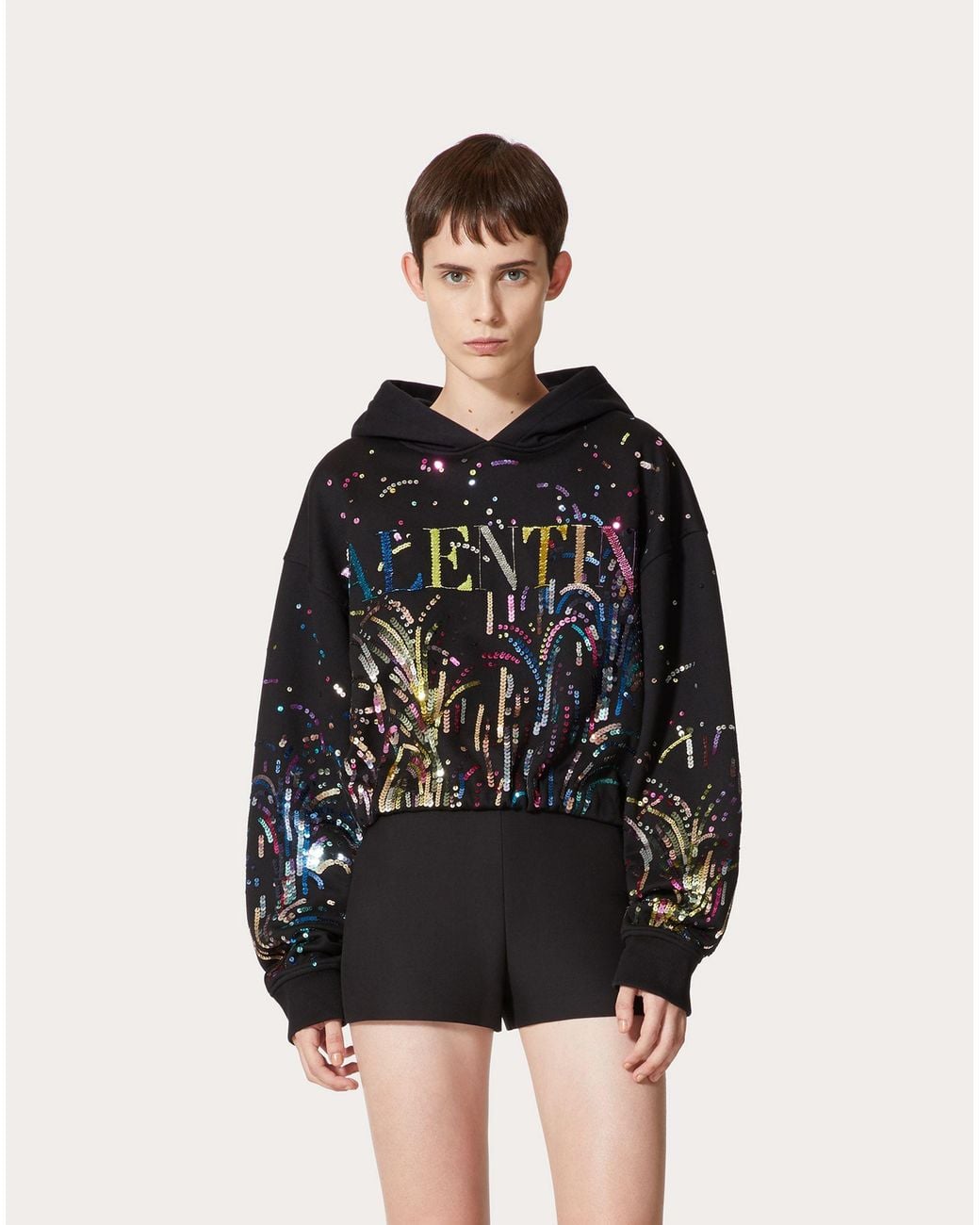 Valentino Black Sequin Logo Cropped Hoodie