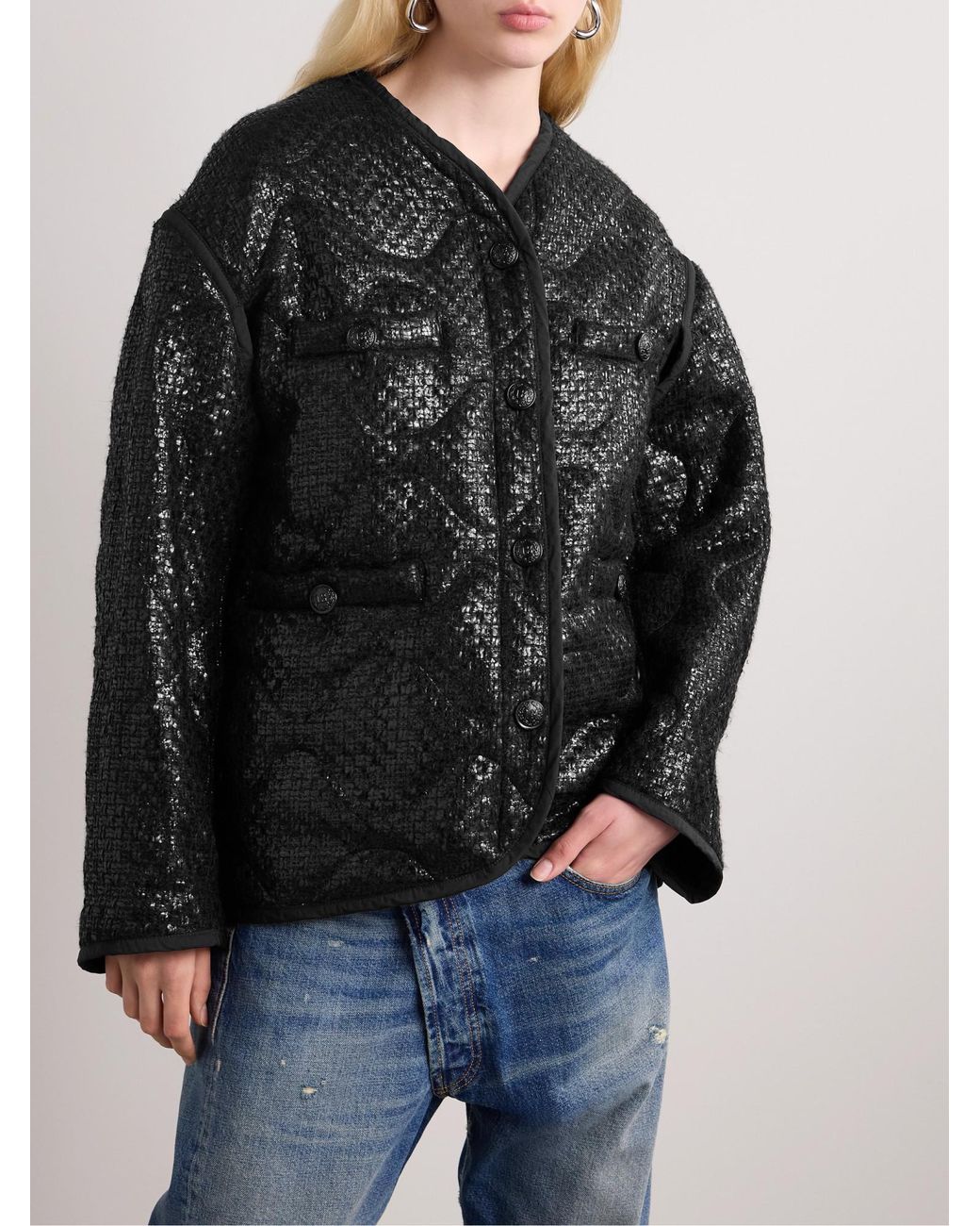 R13 Black Quilted Padded Metallic Tweed Jacket