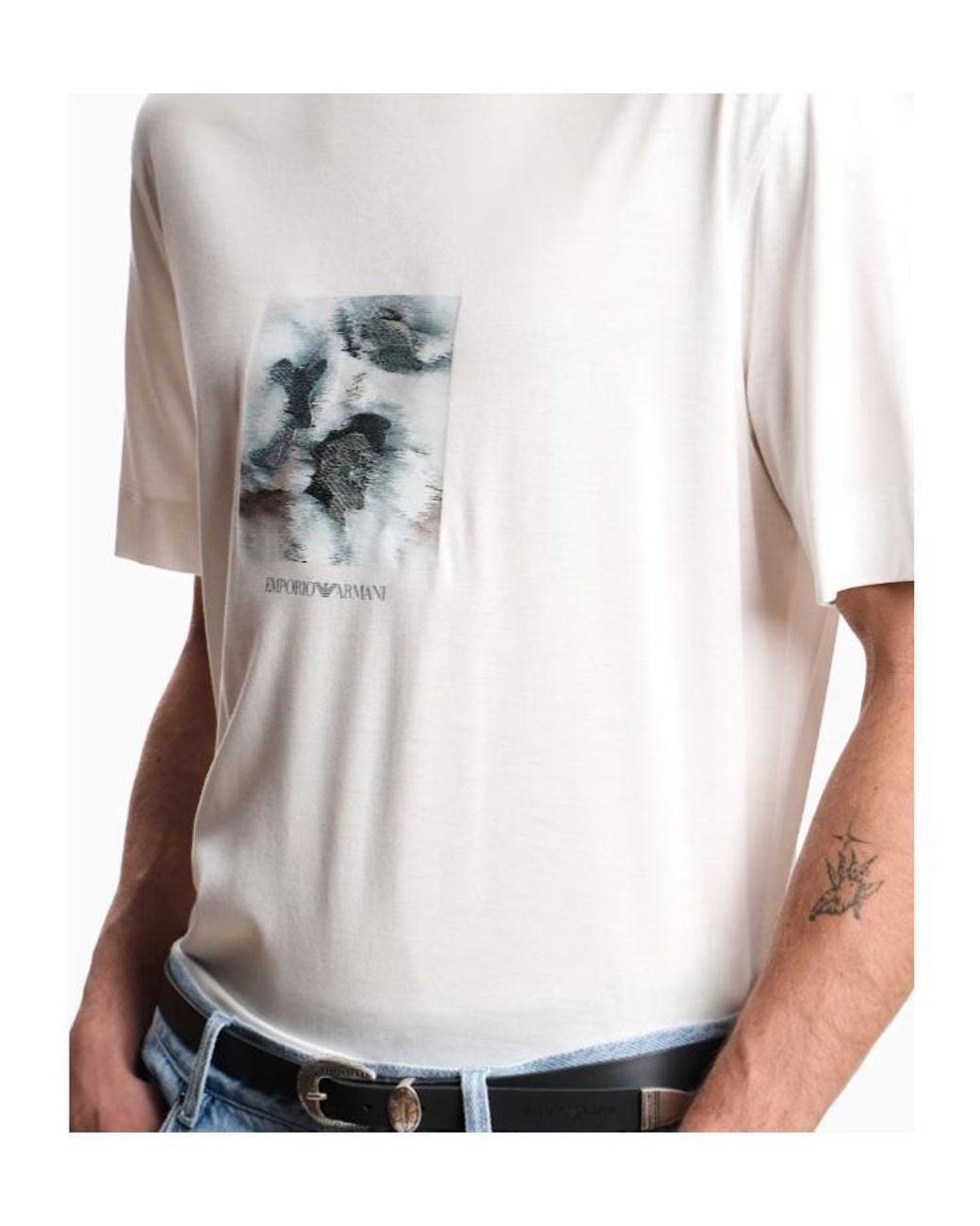 Emporio Armani White Lyocell Blend Jersey T-Shirt With Printed And Embroidered Graphic Design for men
