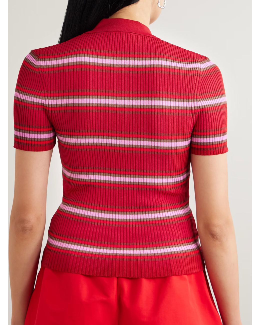 Staud Red Ren Striped Ribbed Knit Polo Shirt