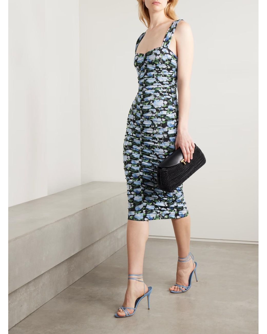 Carolina Herrera Blue Pleated Print Dress