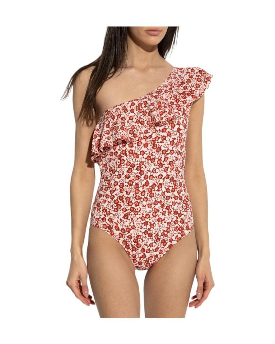 Isabel Marant Red Sicilya Ruffled Floral Swimsuit