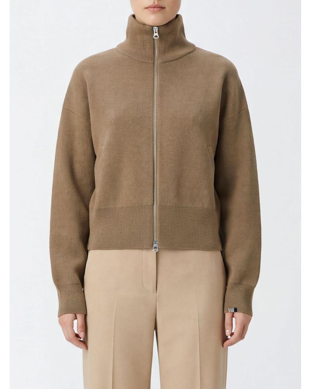 Extreme Cashmere Brown High-Neck Zip-Up Cardigan