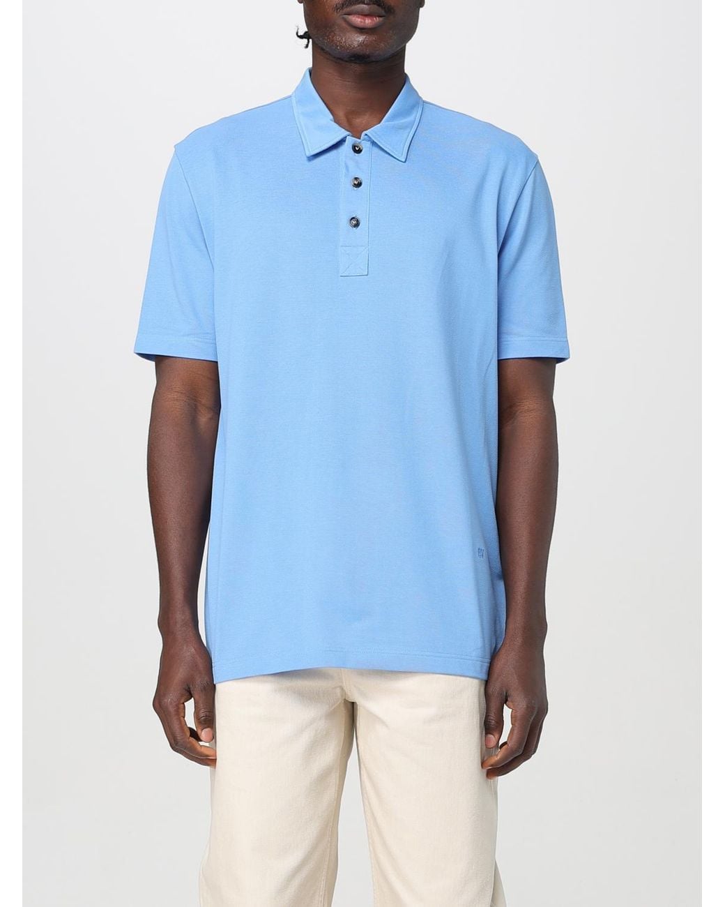 Bottega Veneta Blue Logo Embroidered Short Sleeved Polo Shirt for men