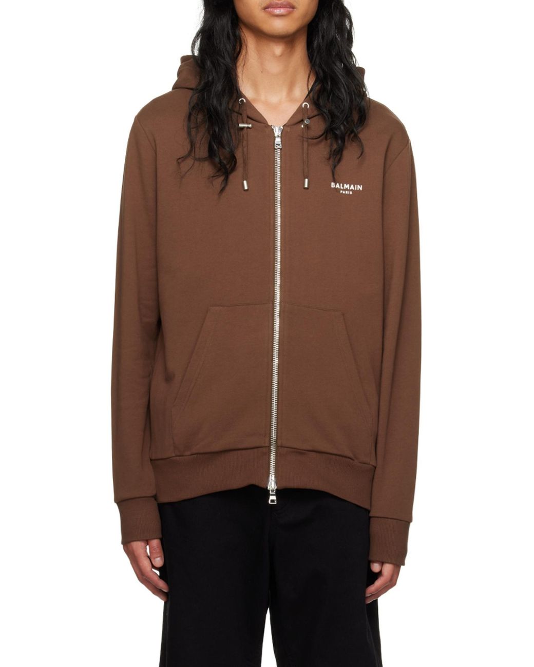 Balmain Brown Zipped Logo Printed Hoodie for men