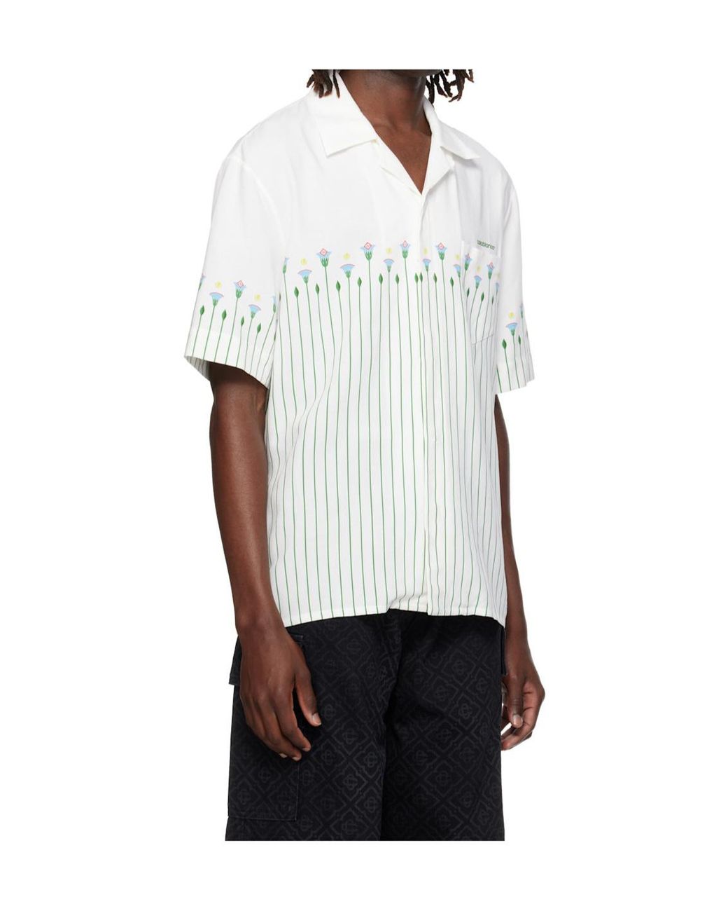 Casablanca White Floral-Stripe Short-Sleeve Buttoned Shirt for men