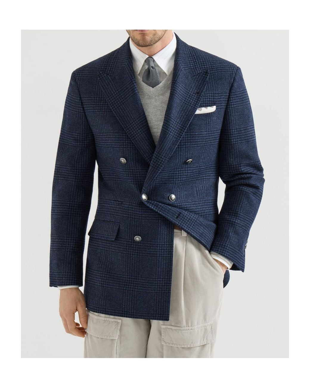 Brunello Cucinelli Blue Comfort Wool And Cashmere Prince Of Wales Flannel One-And-A-Half Breasted Tailor Blazer With Metal Buttons for men
