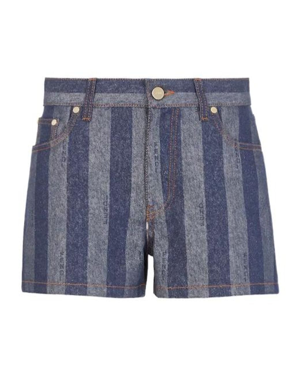 Fendi Blue Logo Embroidered Striped Denim Shorts