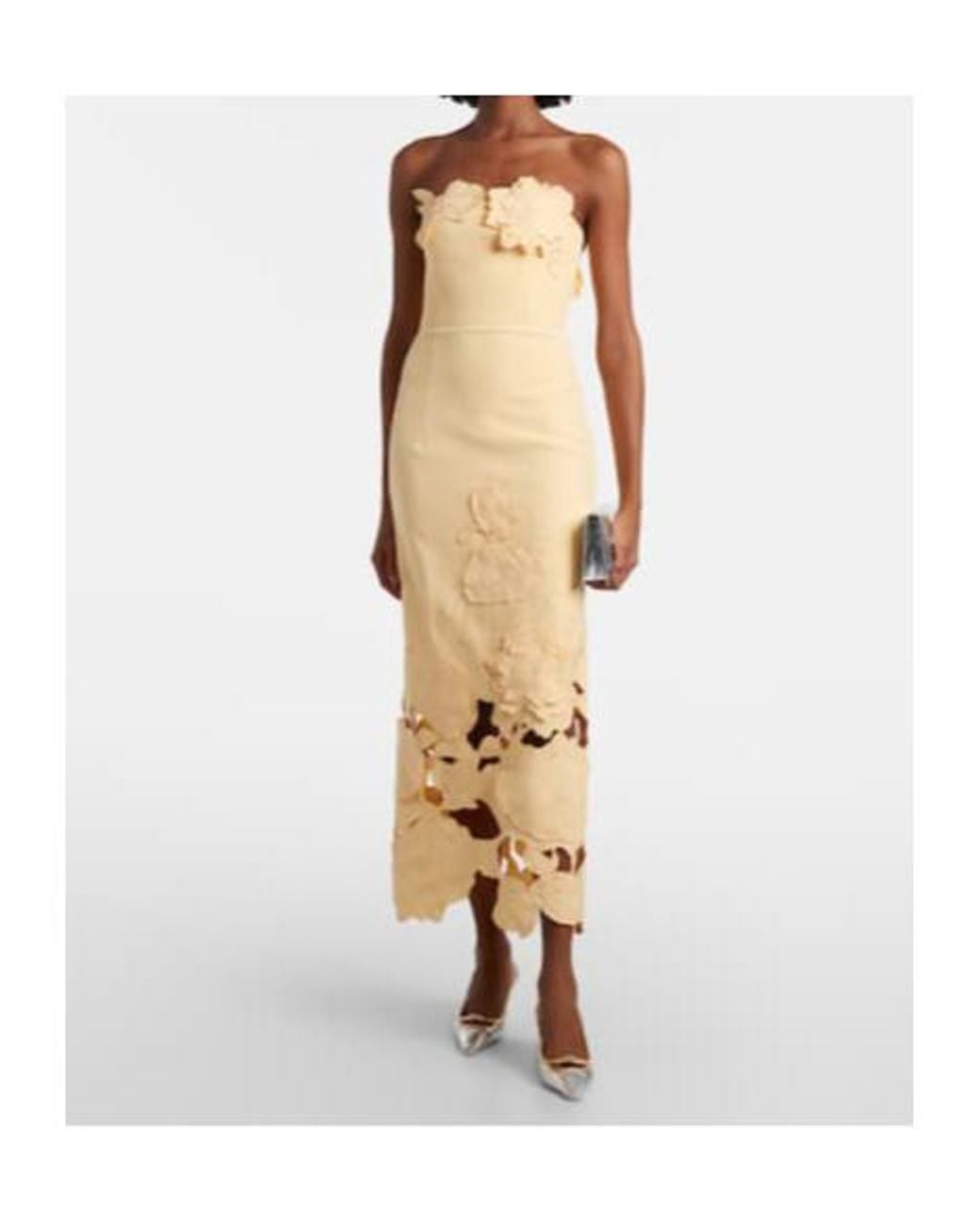 Leo Metallic Rayna Floral-Appliqué Strapless Midi Dress