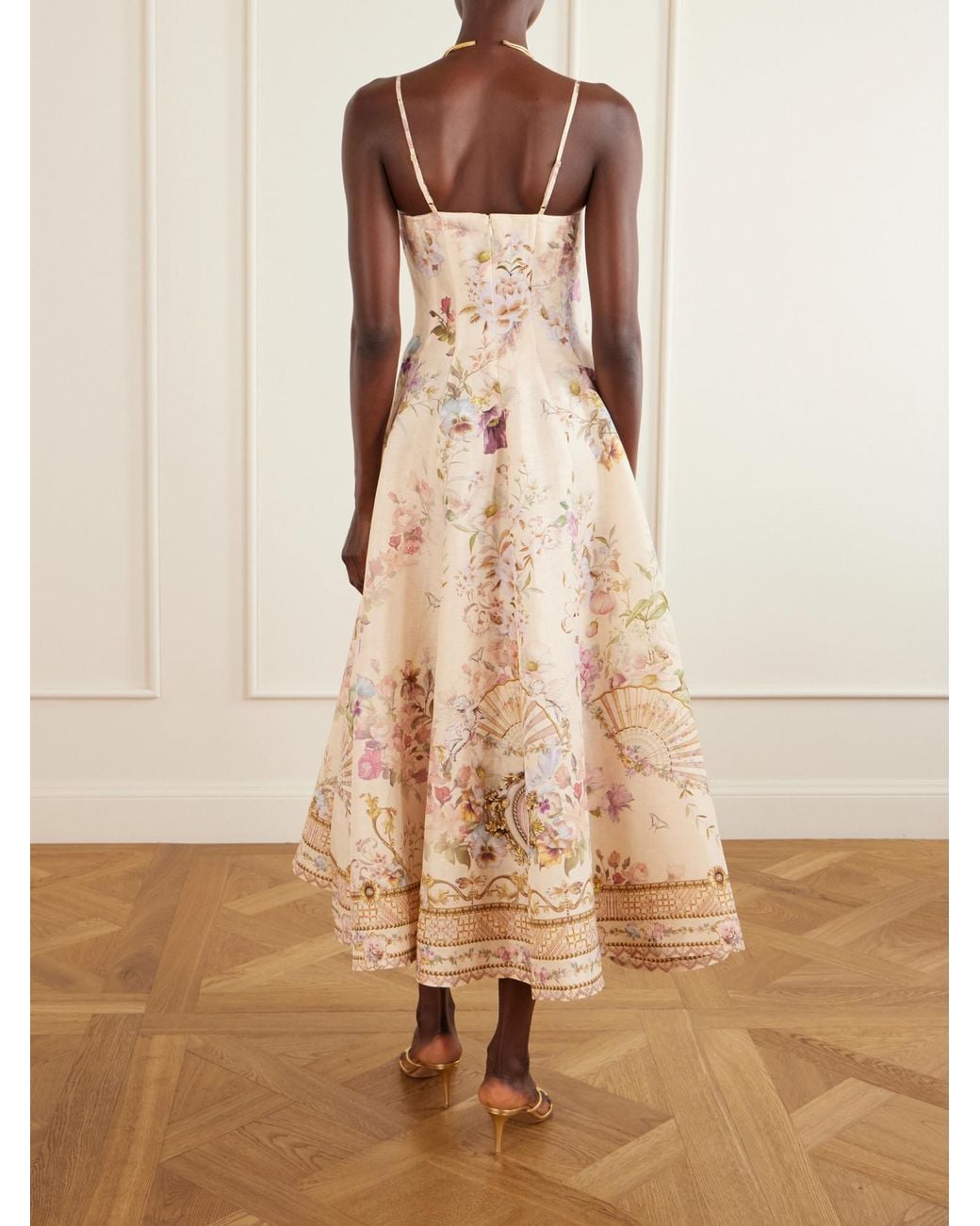 Camilla Natural Embellished Printed Linen And Silk-Blend Midi Dress