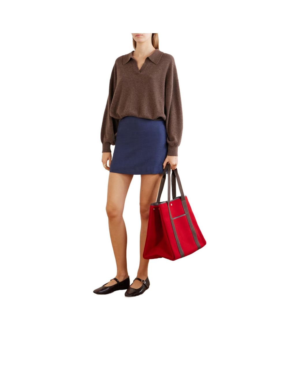 Rue de Verneuil Red Large Leather-Trimmed Flannel Tote