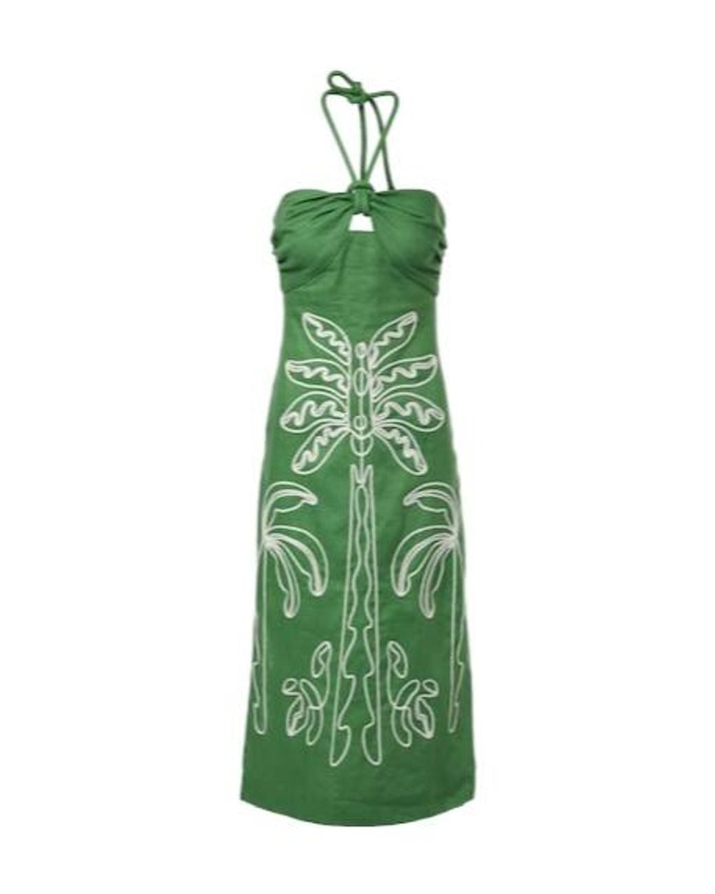 Farm Rio Green Embroidered Halterneck Linen Midi Dress