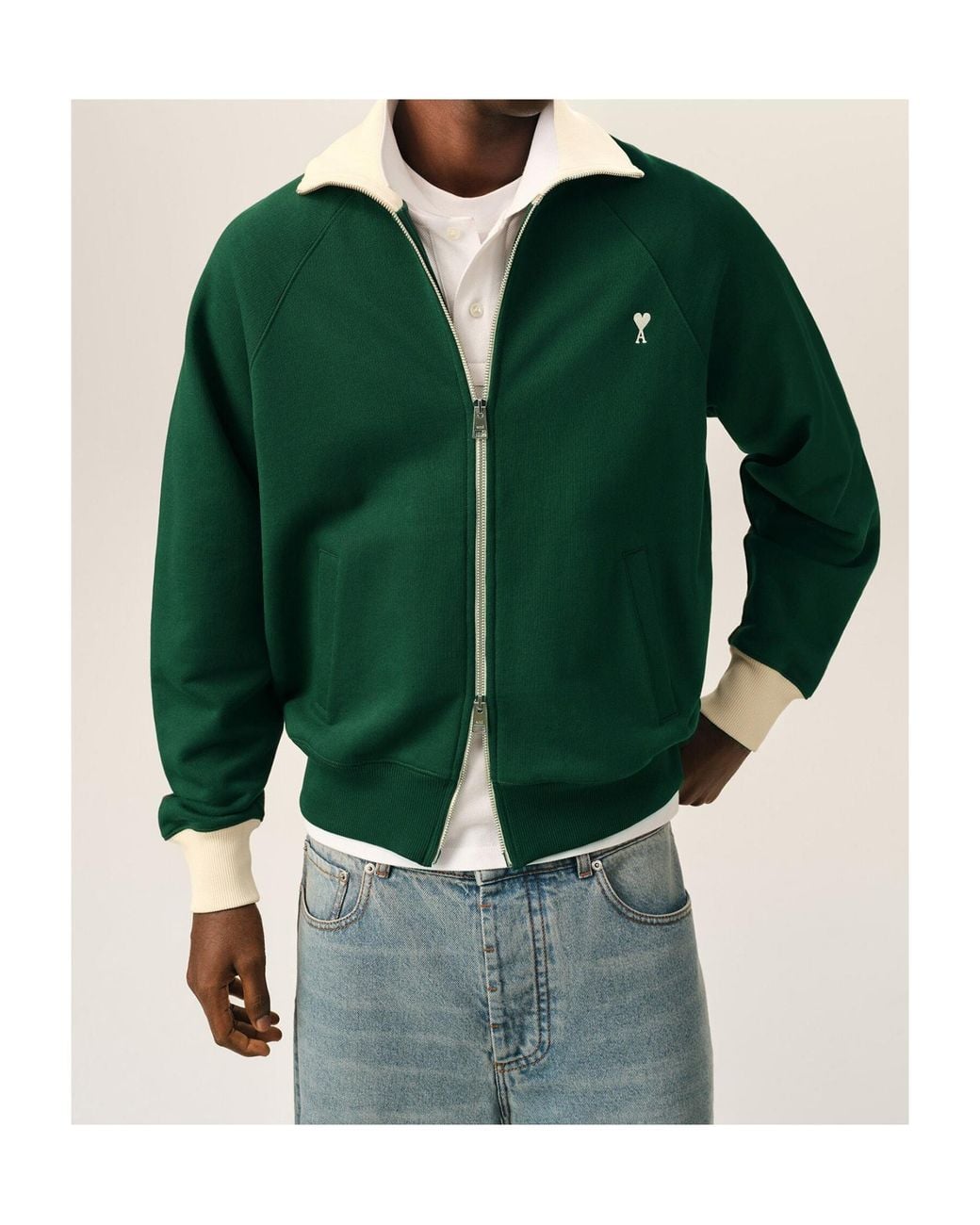 AMI Green Ami Ami De Coeur Zip-Up Sweatshirt for men