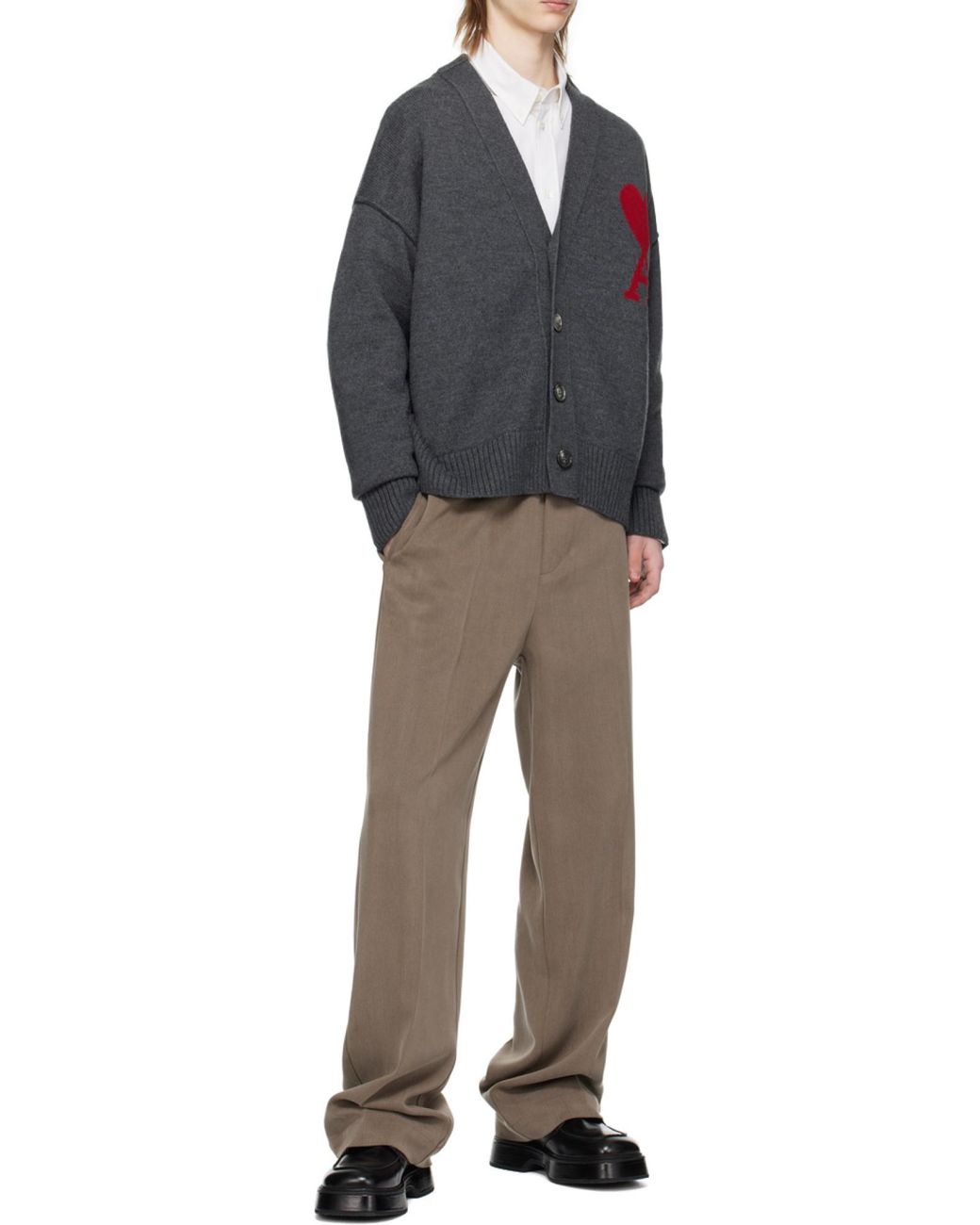 AMI Gray Ami De Coeur Logo Intarsia V-Neck Cardigan for men