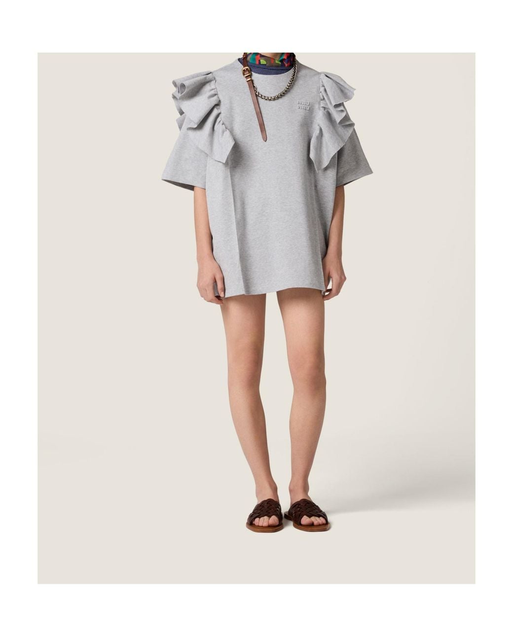 Miu Miu Gray Ruffled Crewneck Dress