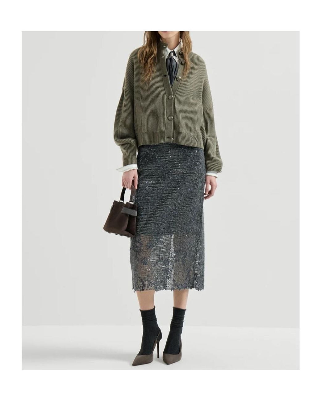 Brunello Cucinelli Green Cashmere English Rib Cardigan With Monili