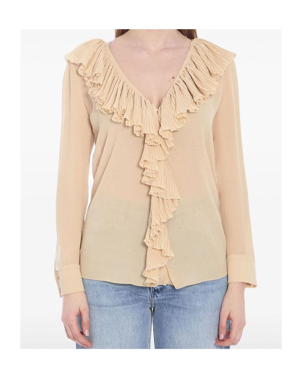 Saint Laurent Natural Ruffled V-Neck Blouse