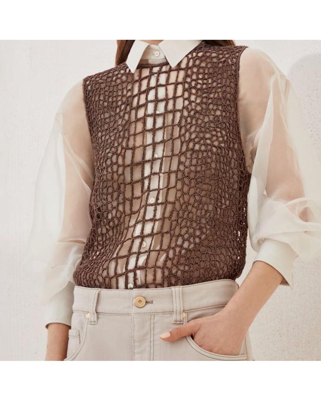 Brunello Cucinelli Brown Crocodile-Effect Top