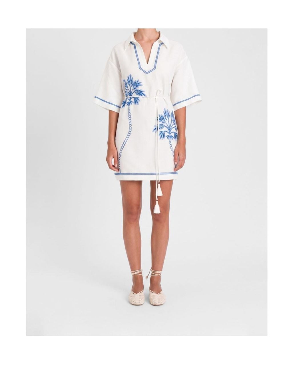 Twinset White Palm Tree-Embroidered Belted Mini Dress