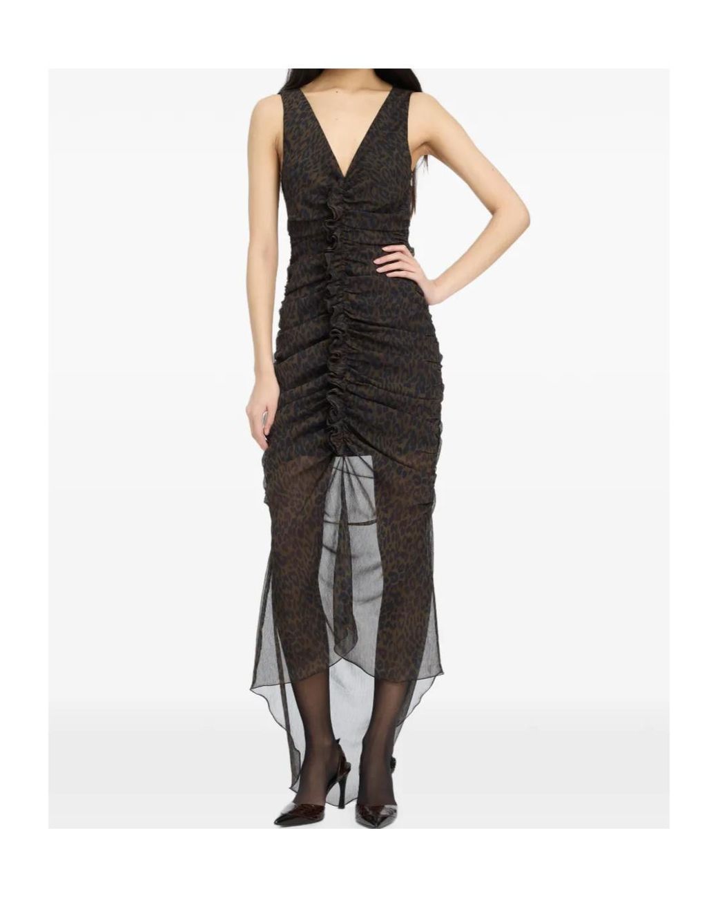 ROTATE BIRGER CHRISTENSEN Black Ruched Midi Leopard Dress