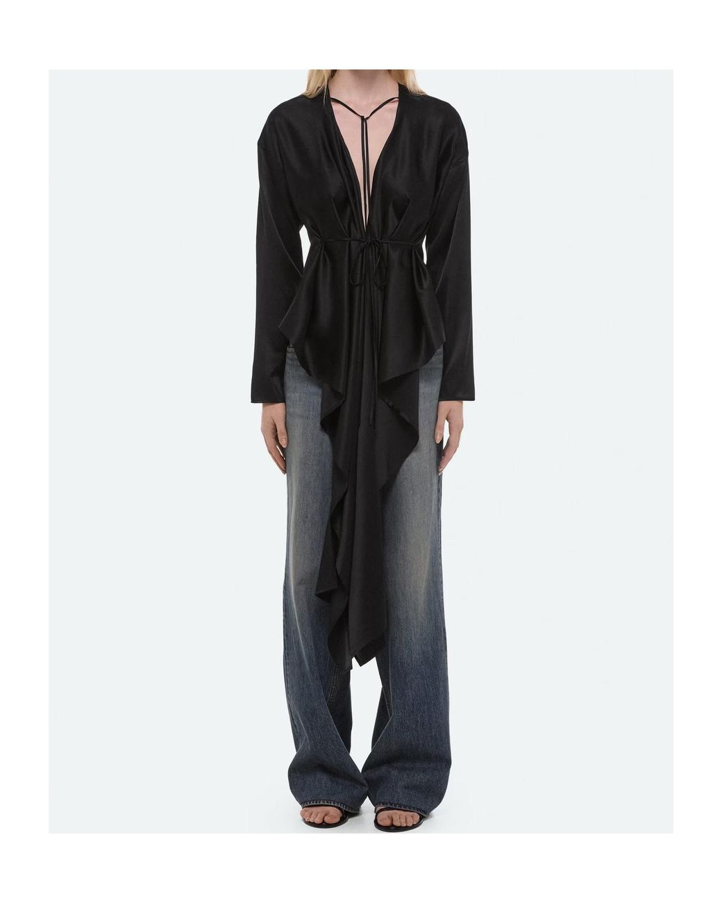 Helmut Lang Black Draped Silk Satin Scarf Top