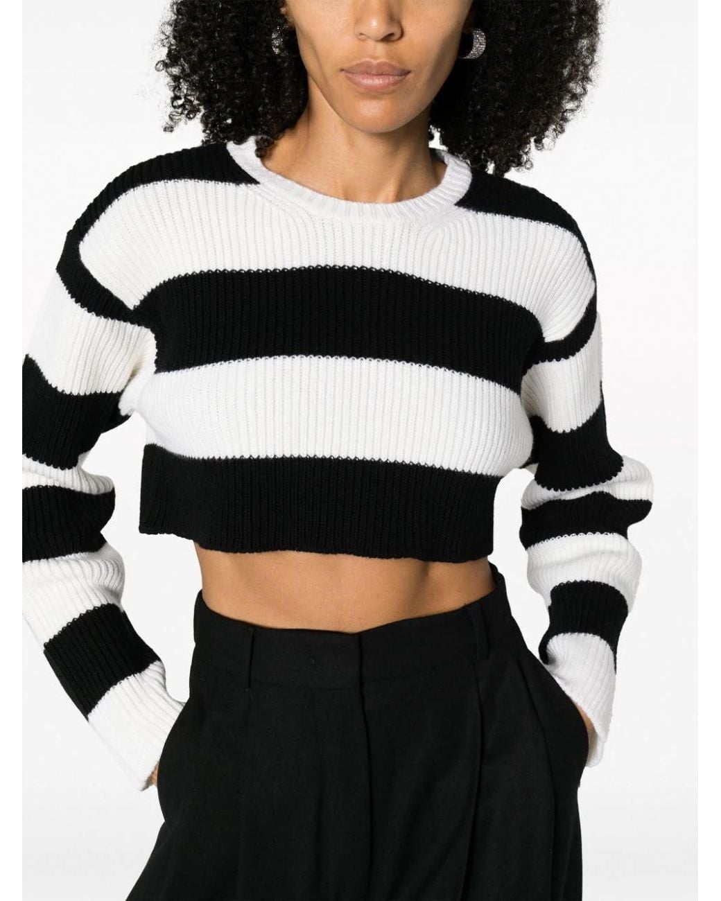 Valentino Black Striped Virgin Wool Cropped Jumper