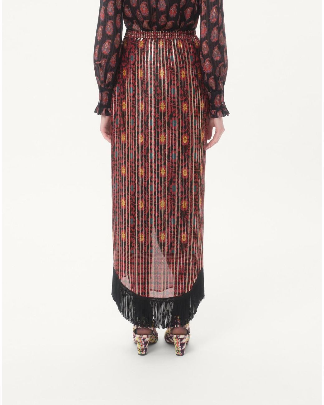 Valentino Purple Fringed Floral-Print Maxi Skirt