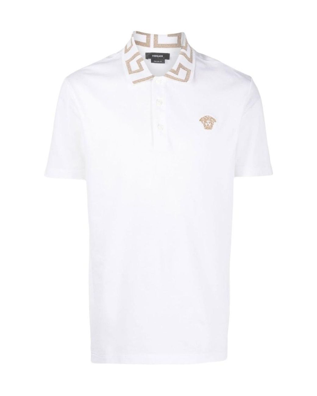 Versace White Greca Short-Sleeved Straight Hem Polo Shirt for men