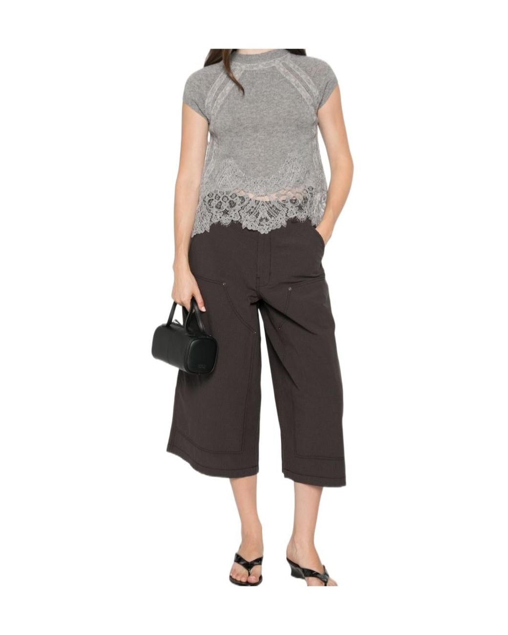 Ermanno Scervino Gray Lace-Trim Knitted Top