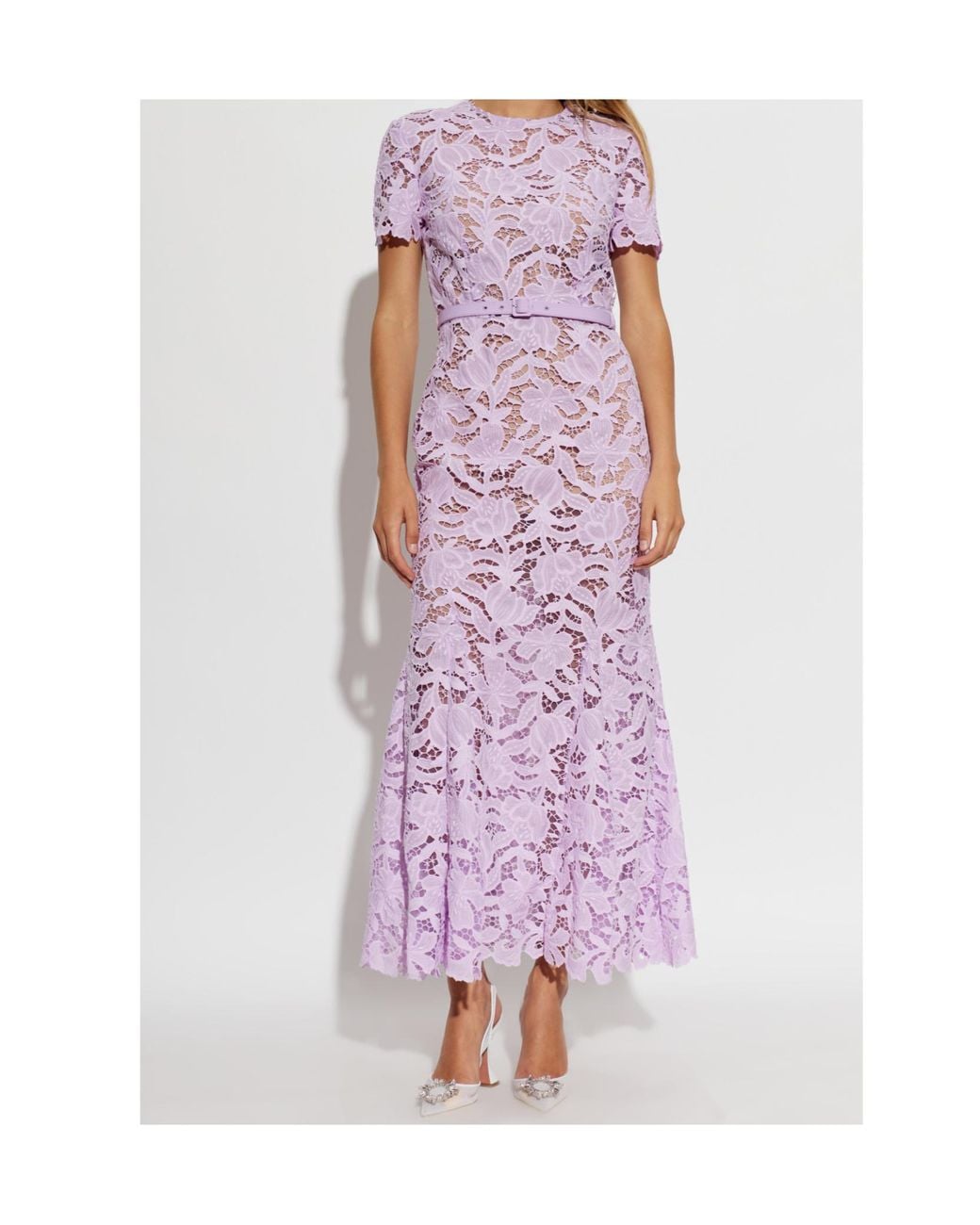 Self-Portrait Purple Belted Floral-Lace Midi Dress