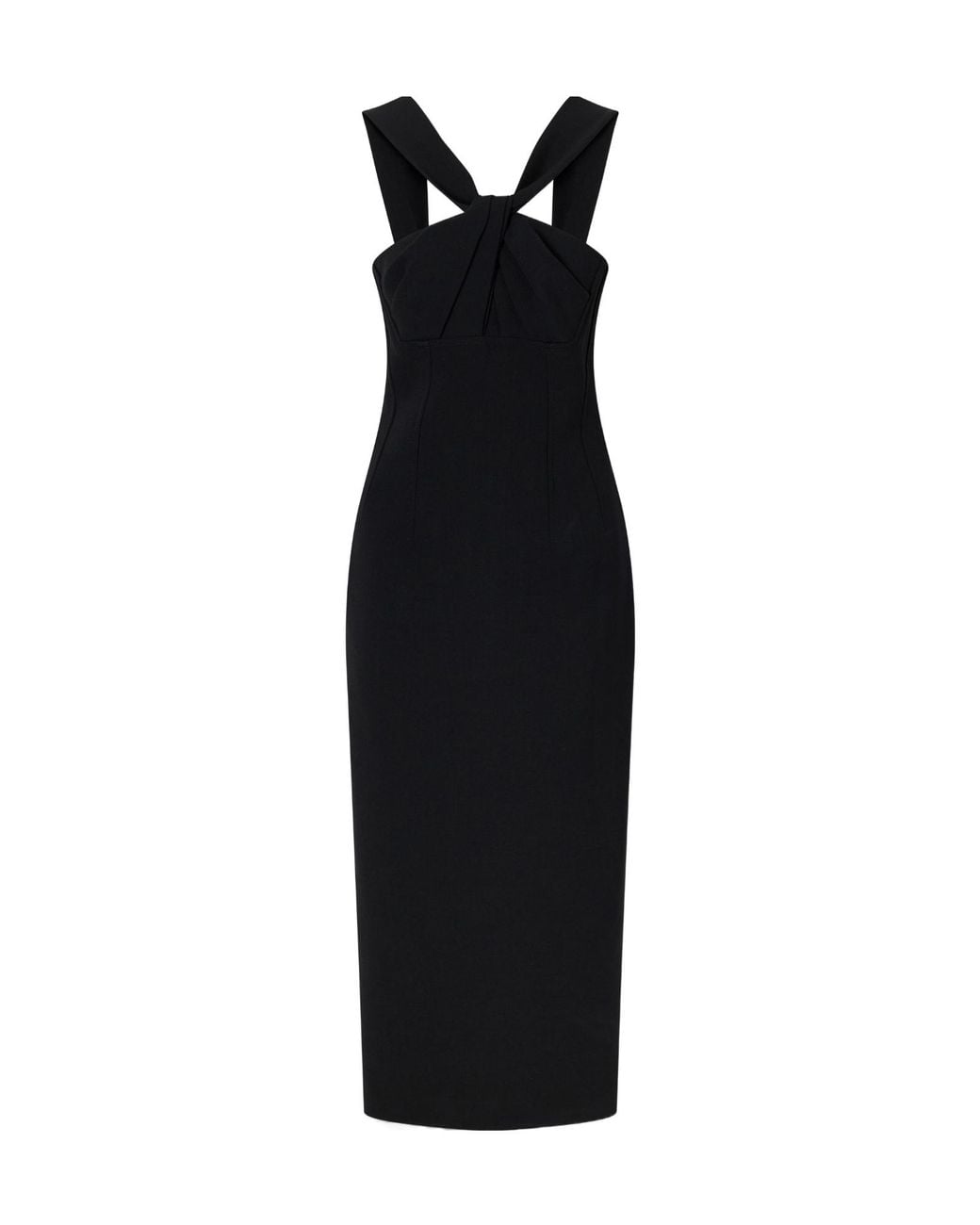 Emilia Wickstead Black Open-Back Twisted Darted Birdseye Halterneck Midi Dress