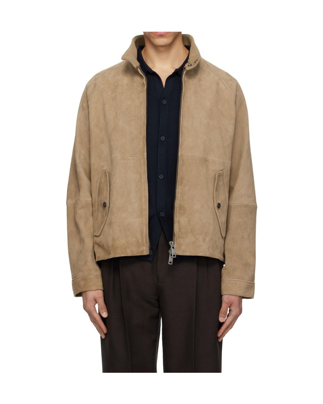 Boss Natural Long-Sleeved Stand-Up Collar Leather Jacket for men