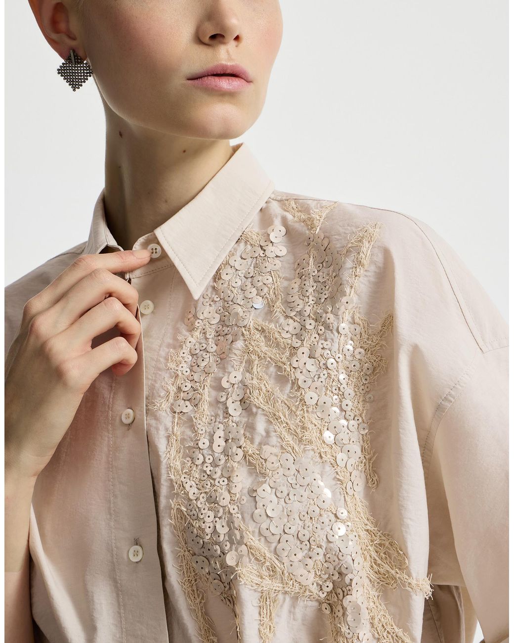 Brunello Cucinelli Natural Dazzling Seabed Embroidery Poplin Dress