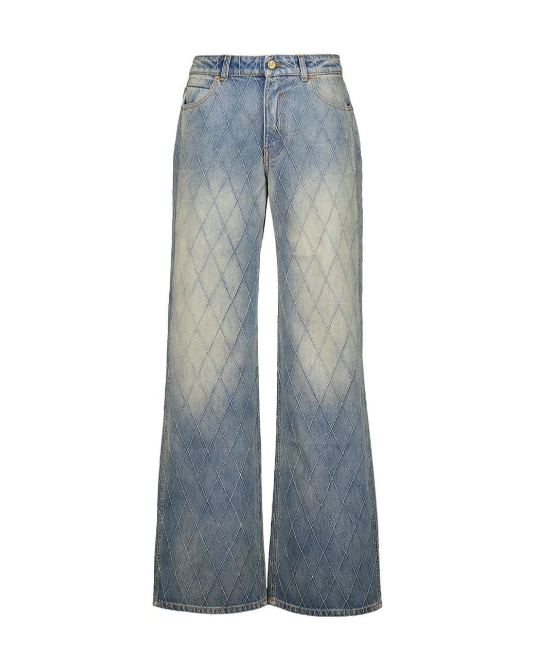 Balmain Blue Diamond-Quilted Wide-Leg Jeans