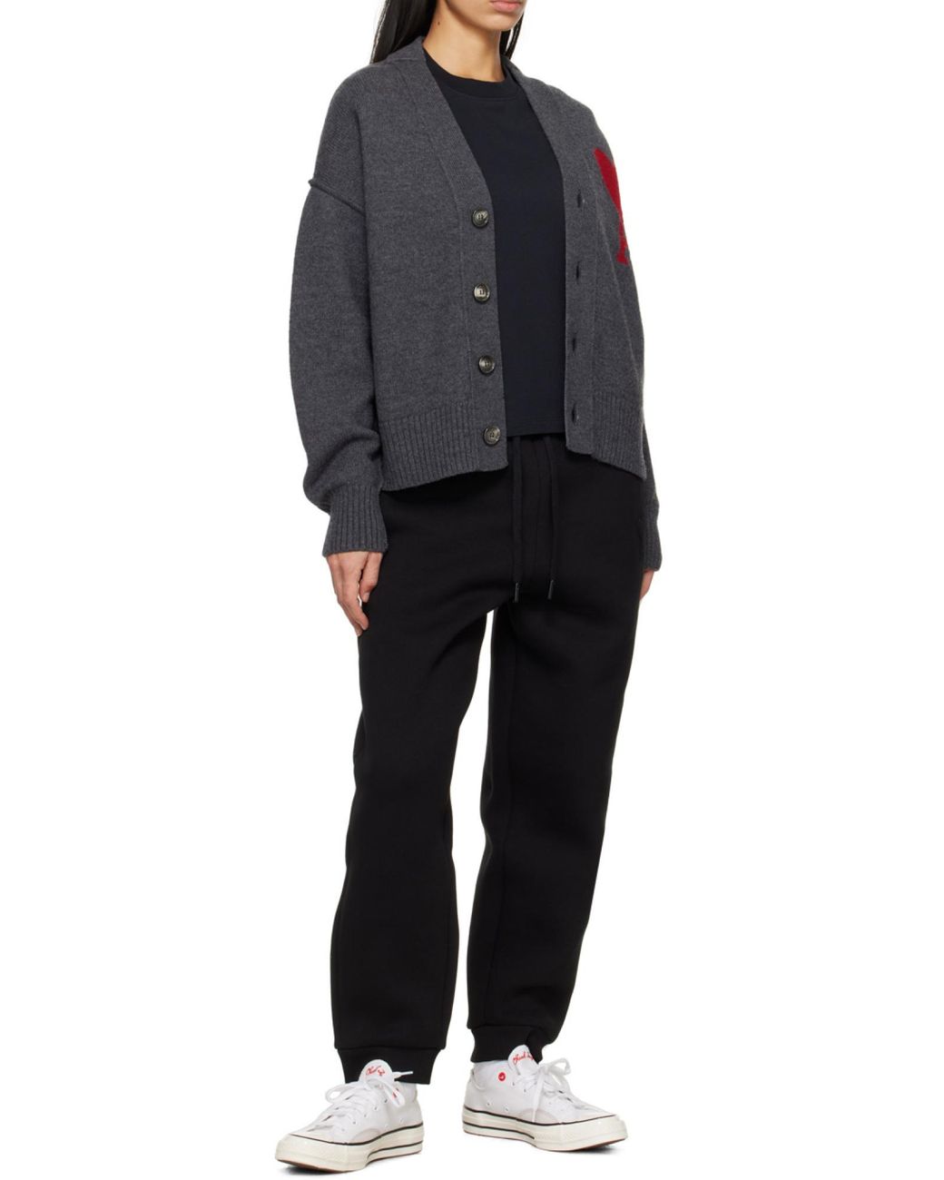 AMI Gray Ami De Coeur Logo Intarsia V-Neck Cardigan for men