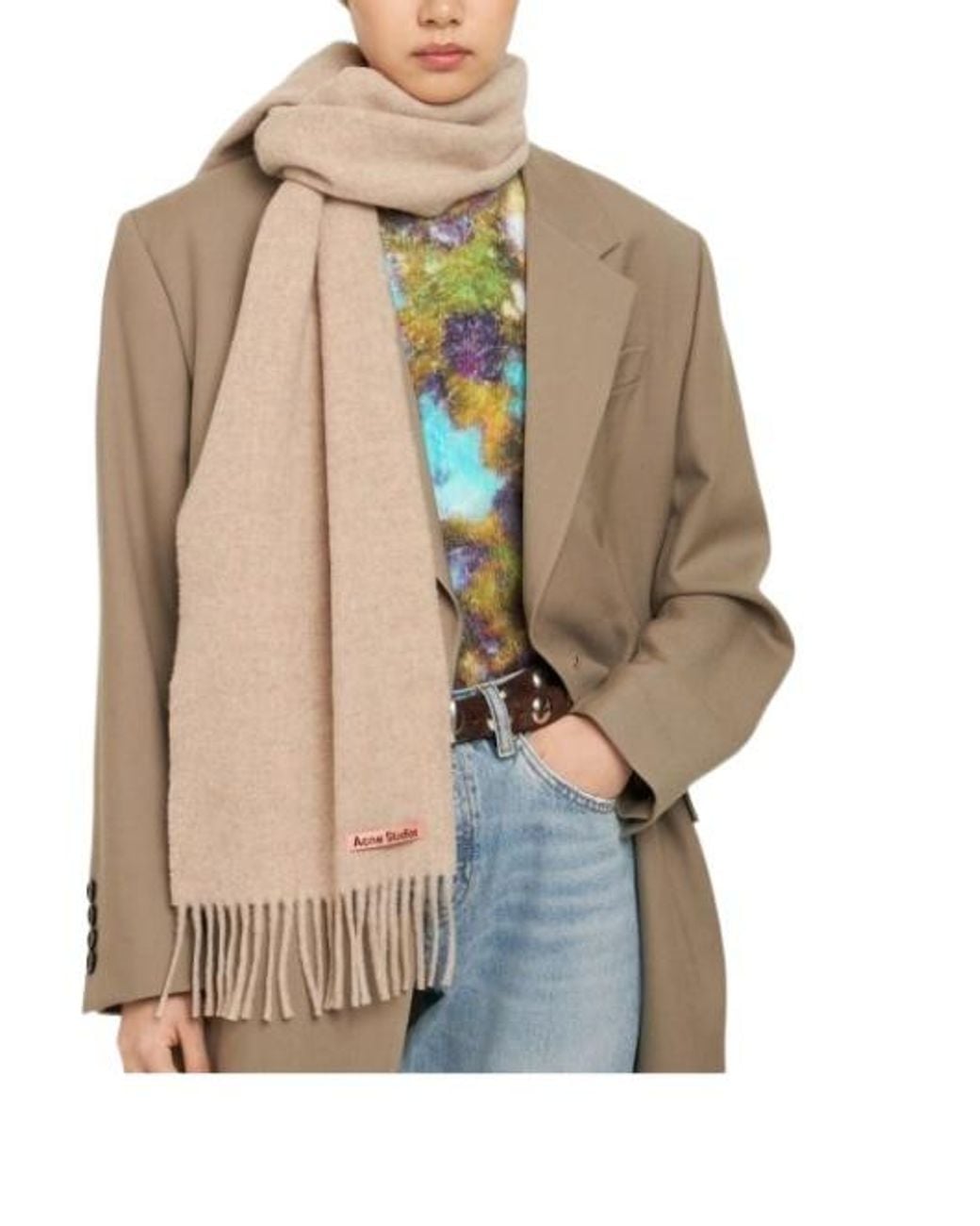 Acne Natural Rectangular Scarf With Fringes