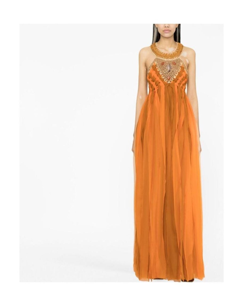 Alberta Ferretti Orange Embellished V-Neck Long Dress