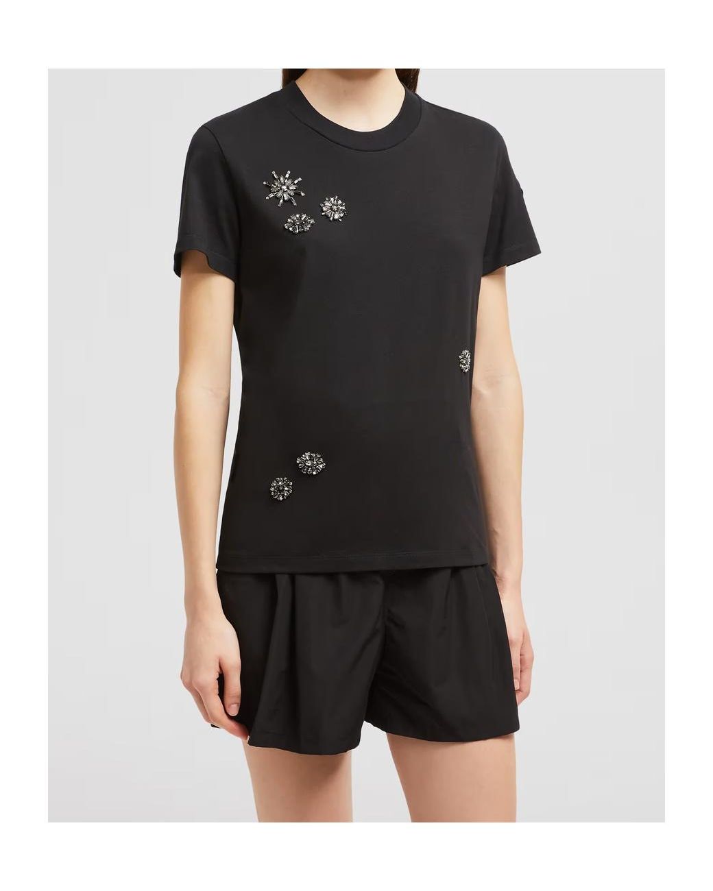Moncler Black Crystal Flowers Cotton T-Shirt