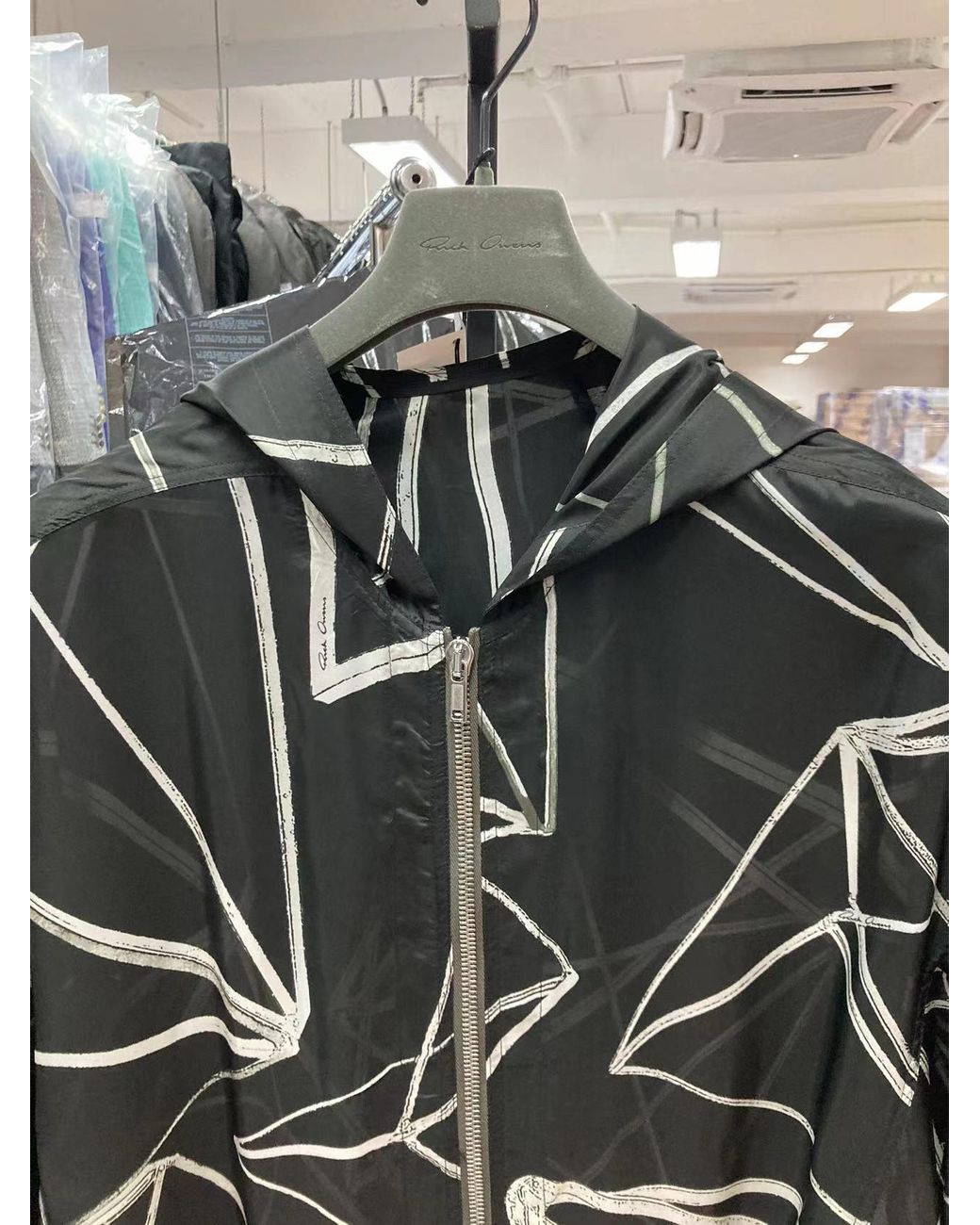 Rick Owens Black Geometric-Print Lightweight Hooded Jacket for men