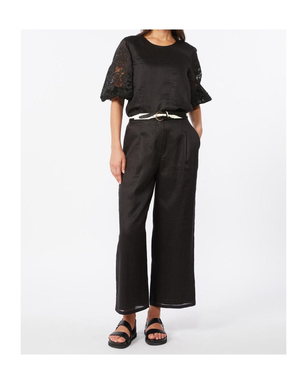 Max Mara Black Washed Ramie Gauze And Broderie Anglaise Mstordine T-Shirt