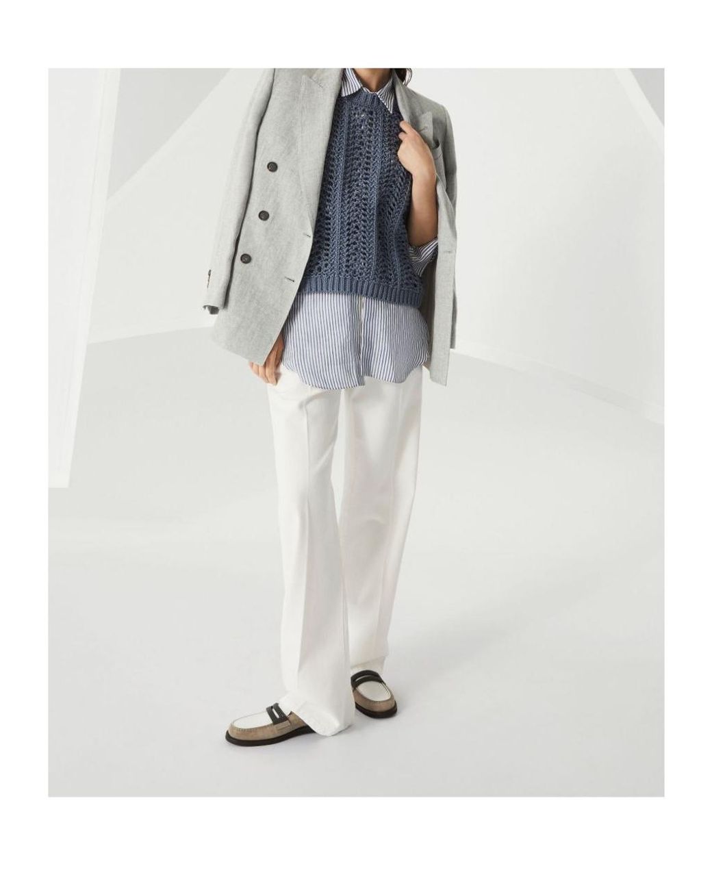 Brunello Cucinelli Blue Monili-Trim Striped Long Shirt