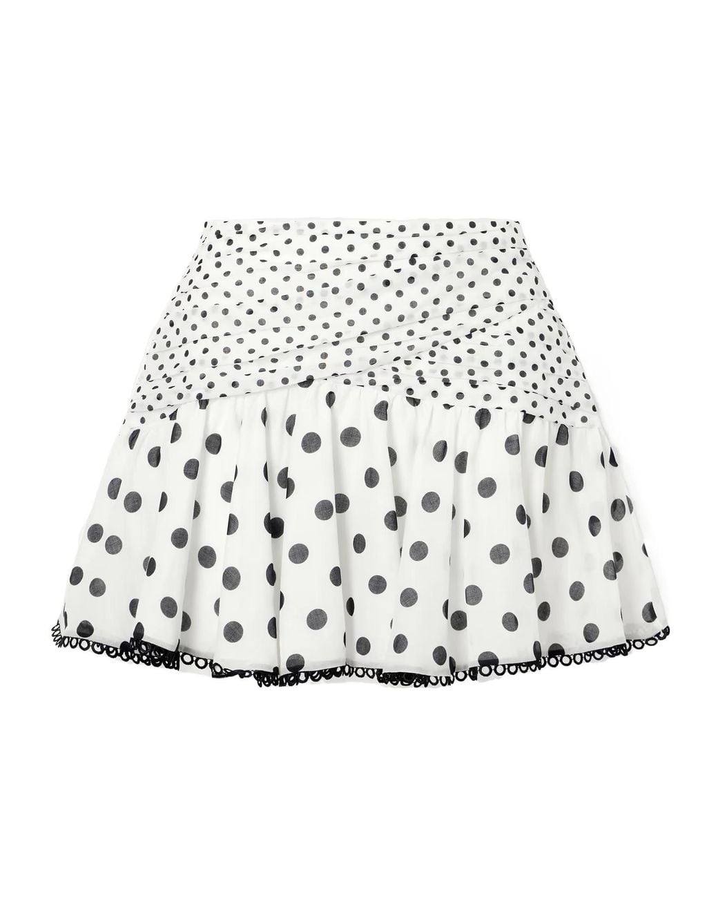Charo Ruiz White Ruched Guipure Lace-Trimmed Polka-Dot Cotton-Blend Voile Mini Skirt