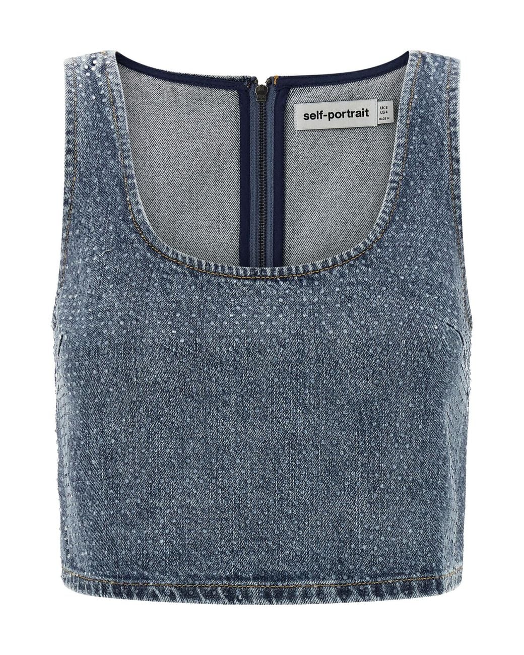 Self-Portrait Blue Embellished Denim Cropped Top
