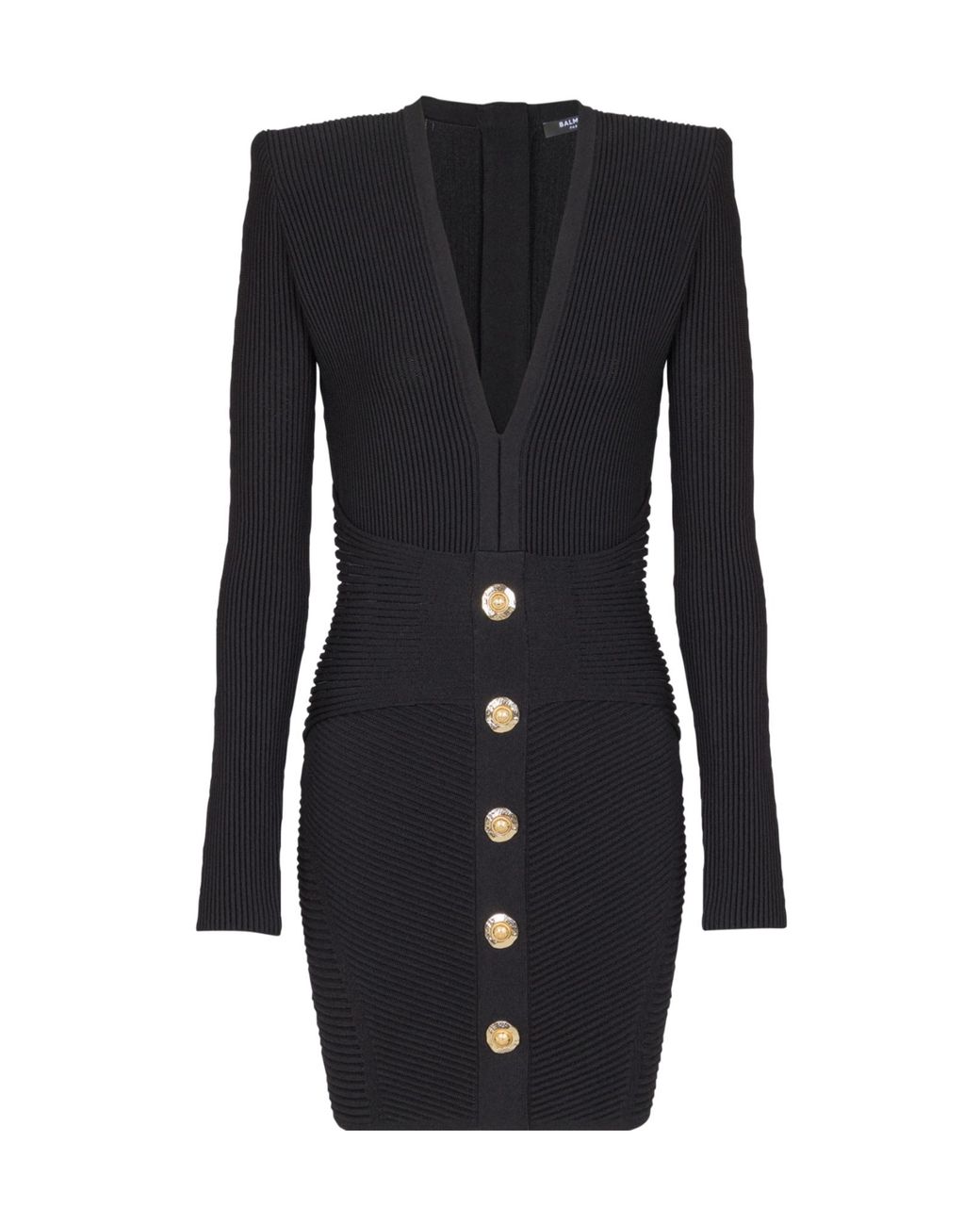 Balmain Black V-Neck Ribbed Long-Sleeved Dress