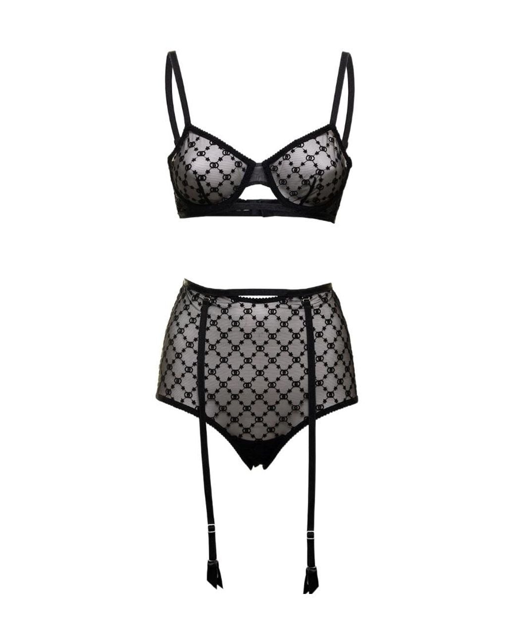 Gucci Black Gg Star Embroidered Tulle Lingerie Set