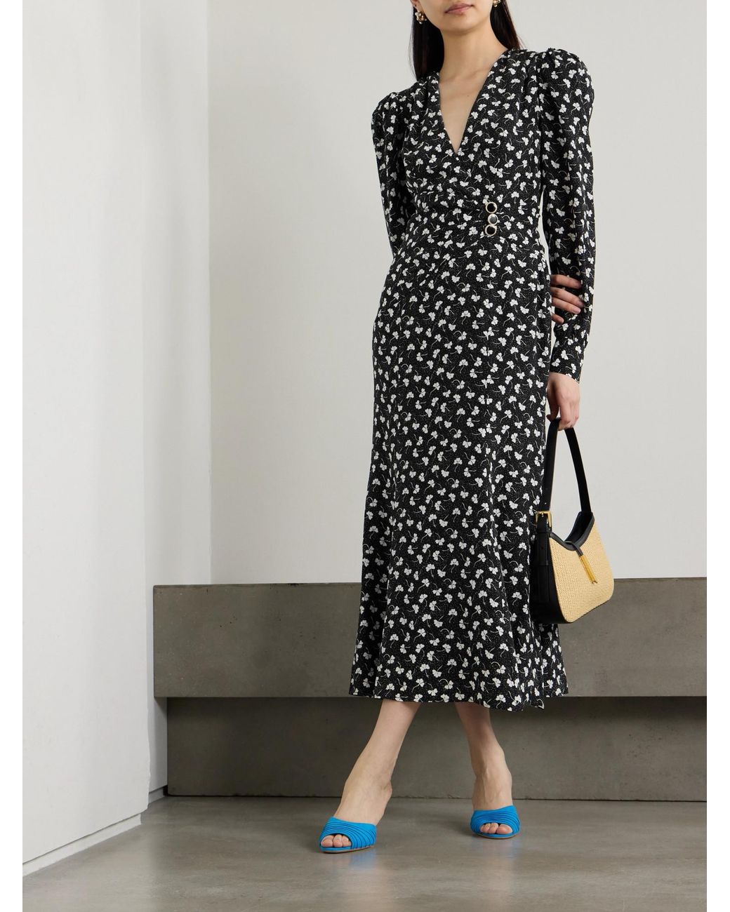 Alessandra Rich Black Clover Wrap-Effect Floral-Print Silk-Crepe Midi Dress