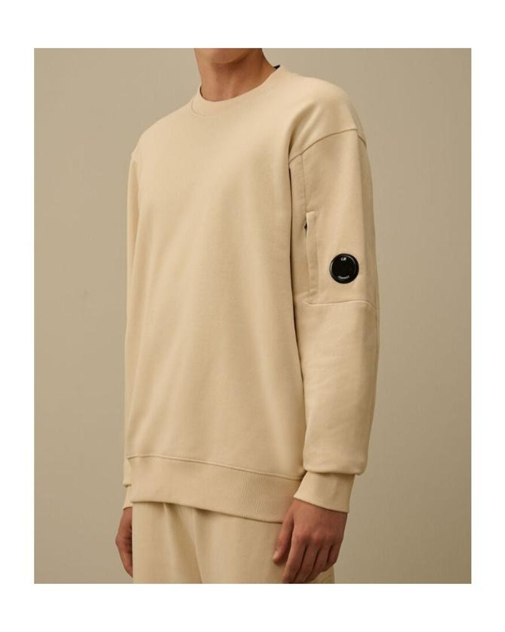 C P Company Natural Diagonal Raised Fleece Crewneck Lens Sweatshirt for men